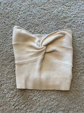 SHEIN Cream Off-Shoulder Twist Front Ribbed Sweater